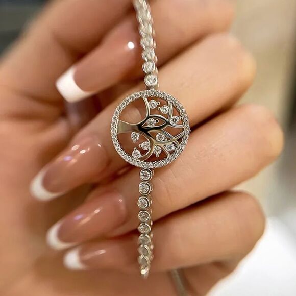 Cubic Zirconia Tree Of Life Adjustable Bolo Bracelet In Silver Plate NEW - Picture 1 of 5